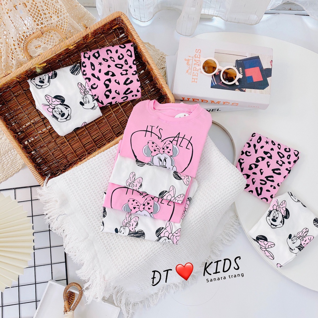 Cặp Bộ Cotton Mickey Nơ Hồng Cho Bé Gái