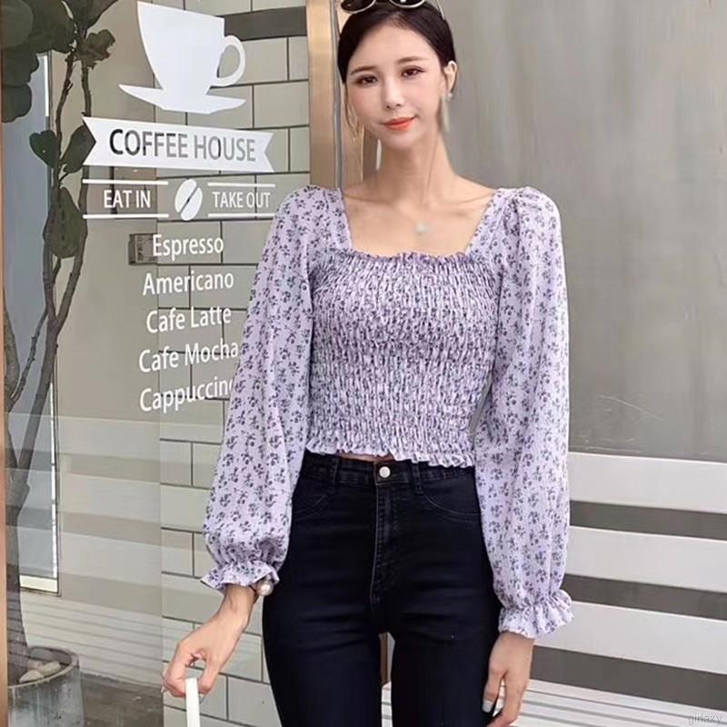 Áo Sơ Mi Tay Dài Cổ Vuông Họa Tiết Hoa Xinh Xắn Phong Cách Hàn Quốc