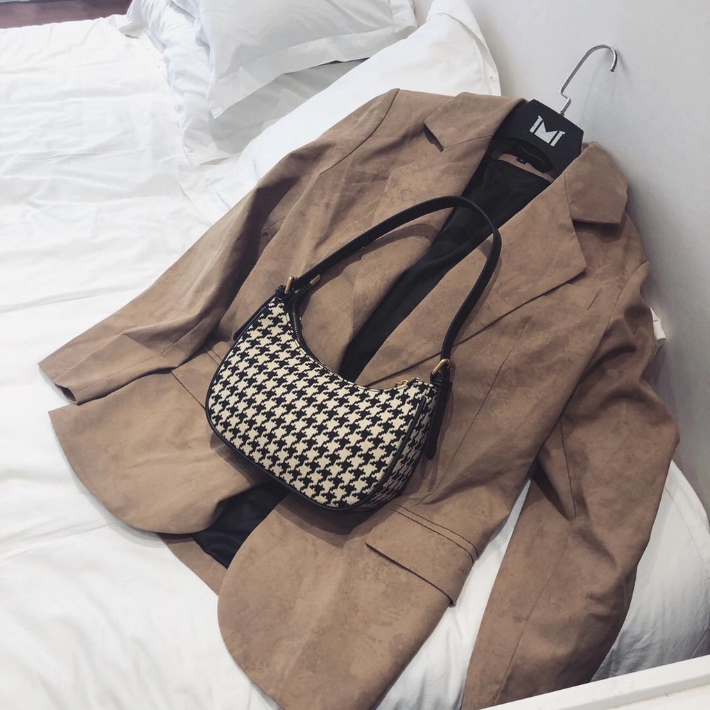 Túi xách nữ phối kẻ caro - Túi kẹp nách nữ đẹp size 23 hình mặt trăng loankeng shop có ảnh thật
