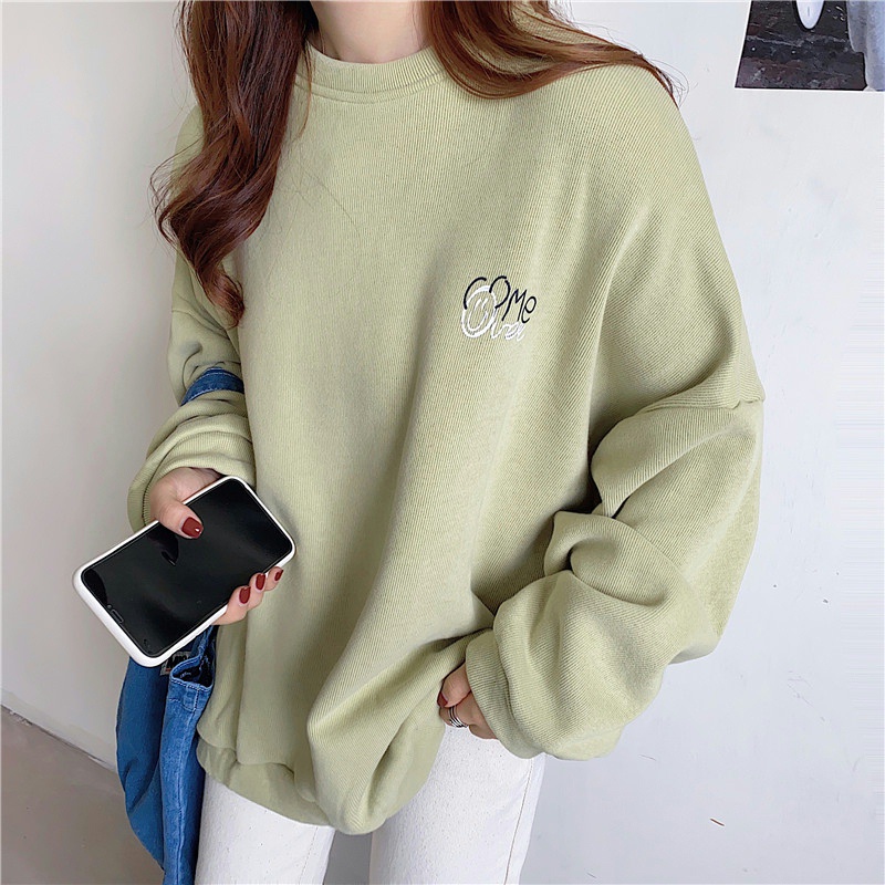 SUXI Áo Nỉ Dài Tay Cổ Tròn Form Rộng Phong Cách Hàn Quốc