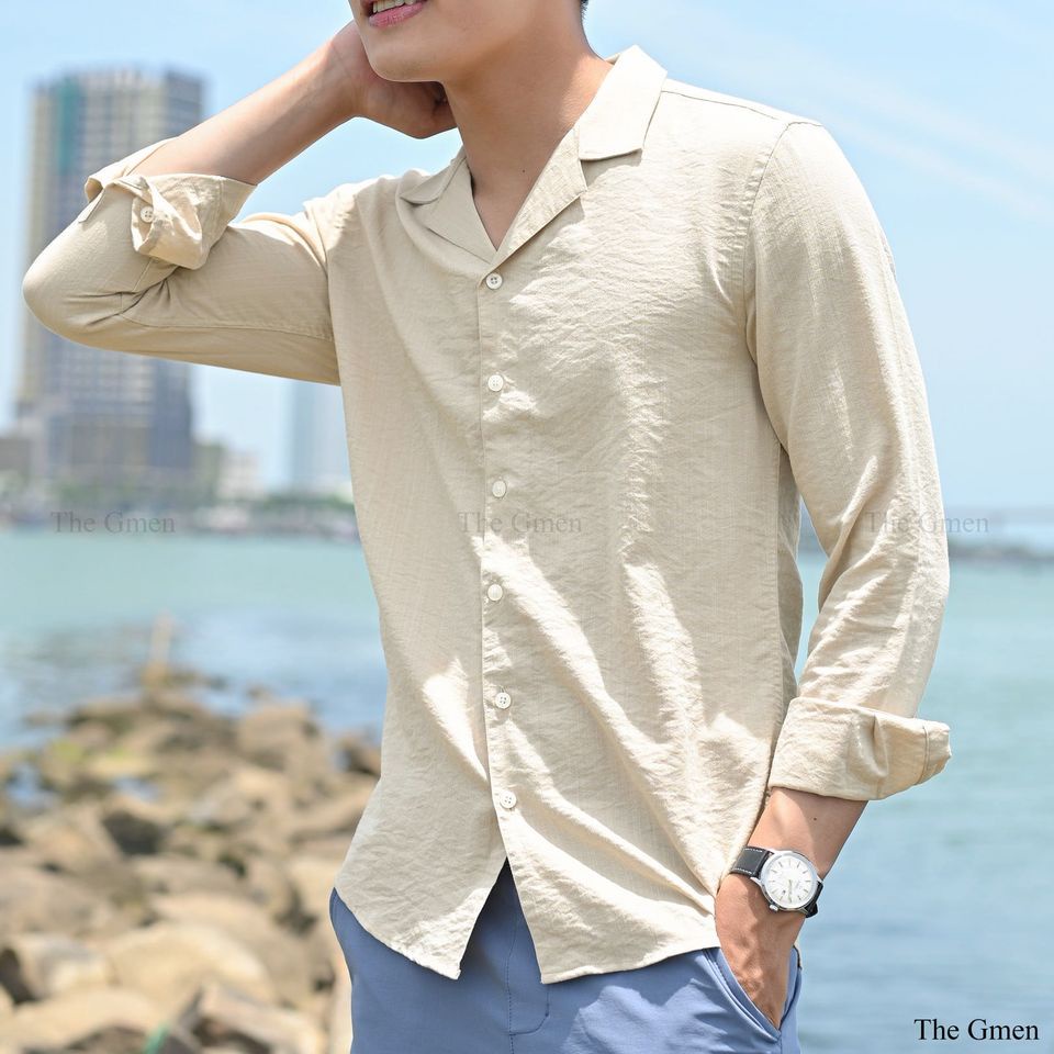 Áo sơ mi nam Cuban Collar dài tay THE GMEN thiết kế cổ vest, chất vải linen mềm mại