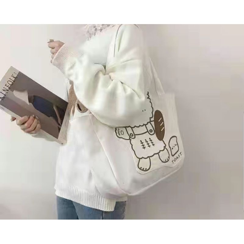 Túi tote gấu bánh mì và sanwich chất liệu canvas đeo vai size to họa tiết in sắc nét mã TP2 | tiemtuitotebypat