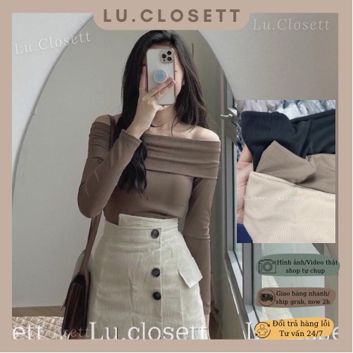 Áo len trễ vai tay dài co giãn thu đông, áo thun tăm rớt vai Hàn Quốc 3 màu Lu.closett