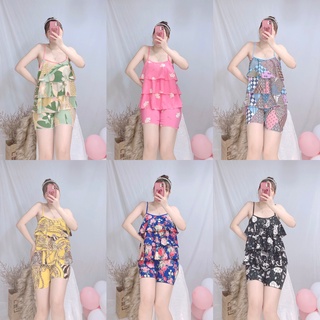 Đồ ngủ nữ 2 dây chất liệu lụa hàn họa tiết hoa nhí siêu xinh freesize dưới 60kg giao giống màu khác hoa văn