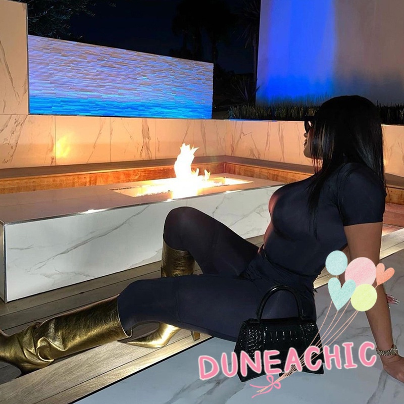 DUNEA Set Áo Thun Ngắn Tay Cổ Cao Và Quần Dài Lưng Cao Màu Trơn Thời Trang Cho Nữ