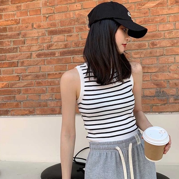 Áo croptop ZHELIHANGFEI dệt kim không tay vải lụa mát họa tiết kẻ sọc bắt mắt cho nữ