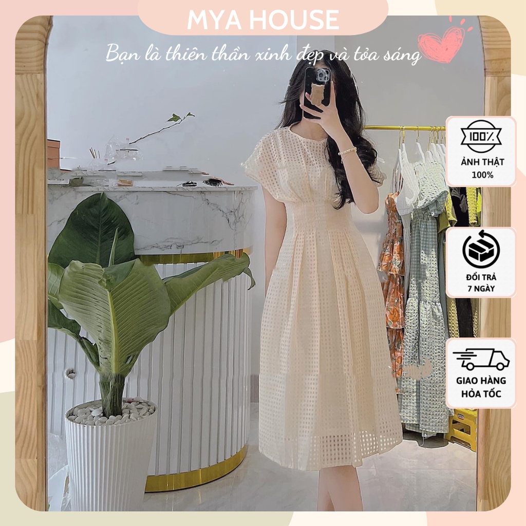 Đầm midi tay ngắng xếp ly eo tạo điểm nhấn thiết kế thanh lịch