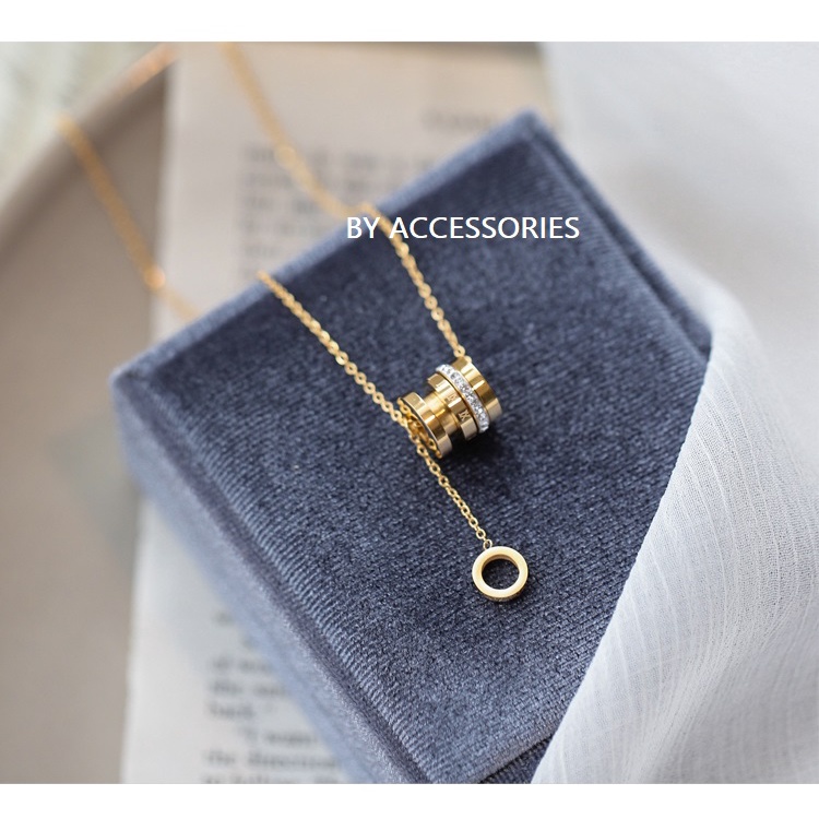 Dây chuyền titan vòng trụ đính đá thả dài không gỉ WN200406