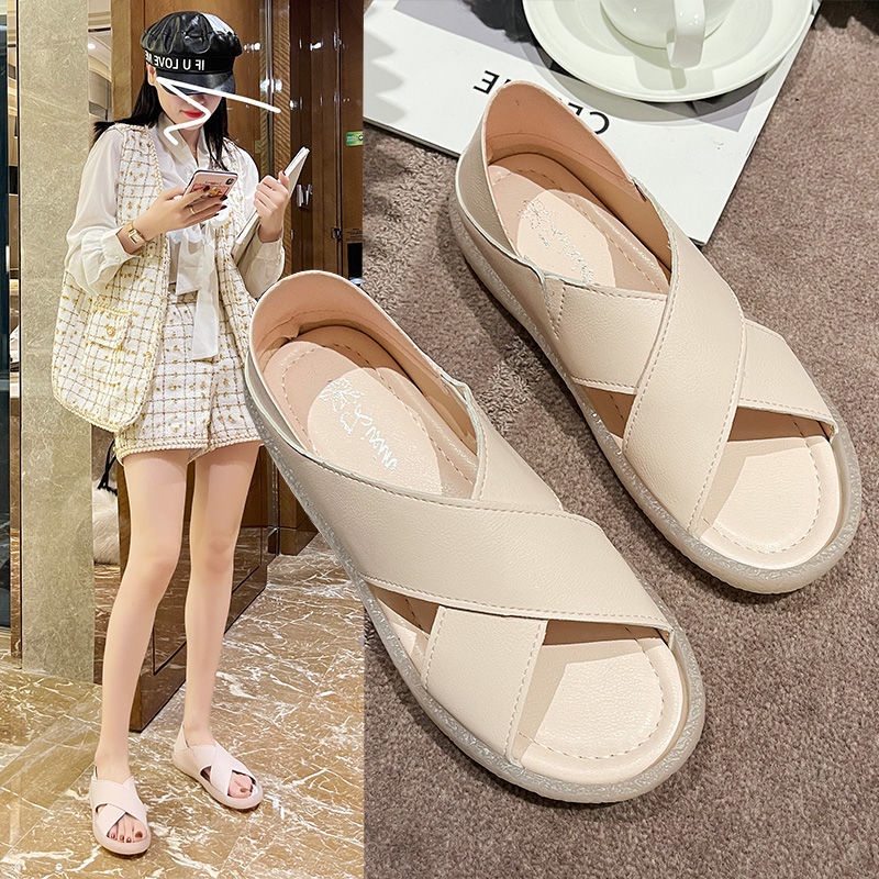 Oeggeo shop Xăng đan Đế Bằng Dây Đan Chéo Kiểu Bò Sữa Thời Trang Cho Nữ