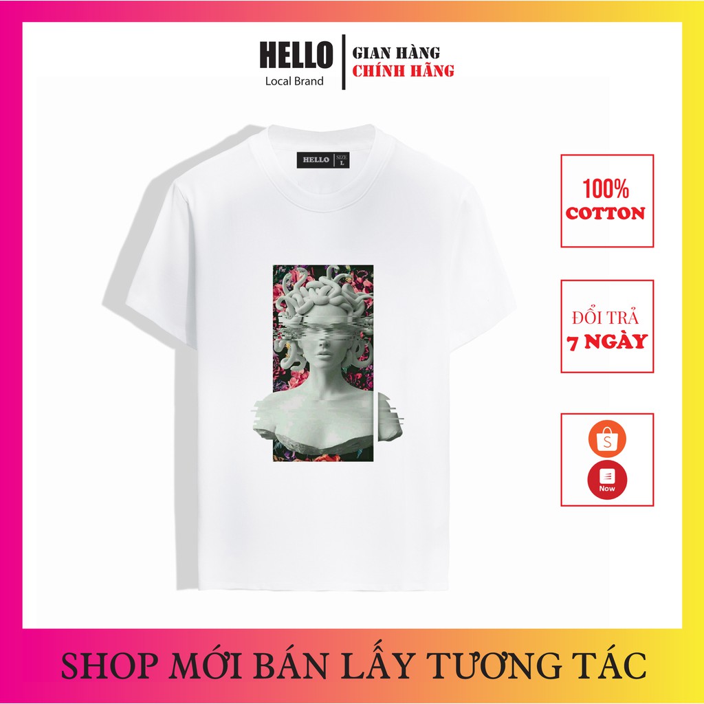 Áo thun tay lỡ form rộng nam nữ HELLO , Áo phông nữ rộng unisex oversize cotton 100% cổ tròn tay ngắn MEDUSA  - Ap12