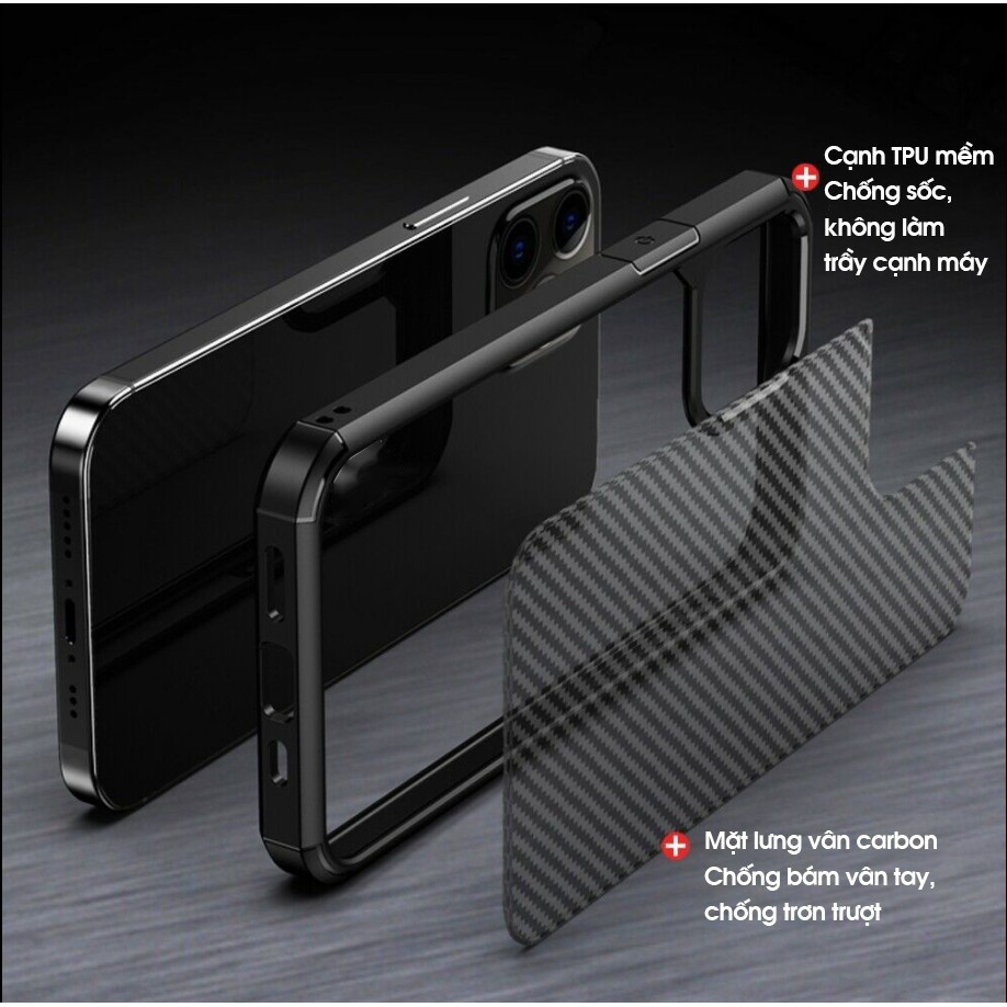 Ốp lưng IPAKY cho iPhone 15/ 15 Plus/ 15 Pro/ Max/ 14/ 14 Plus/ 14 Pro/ Max/ 13/ 12/ 11 Series - Mặt lưng CARBON TRONG