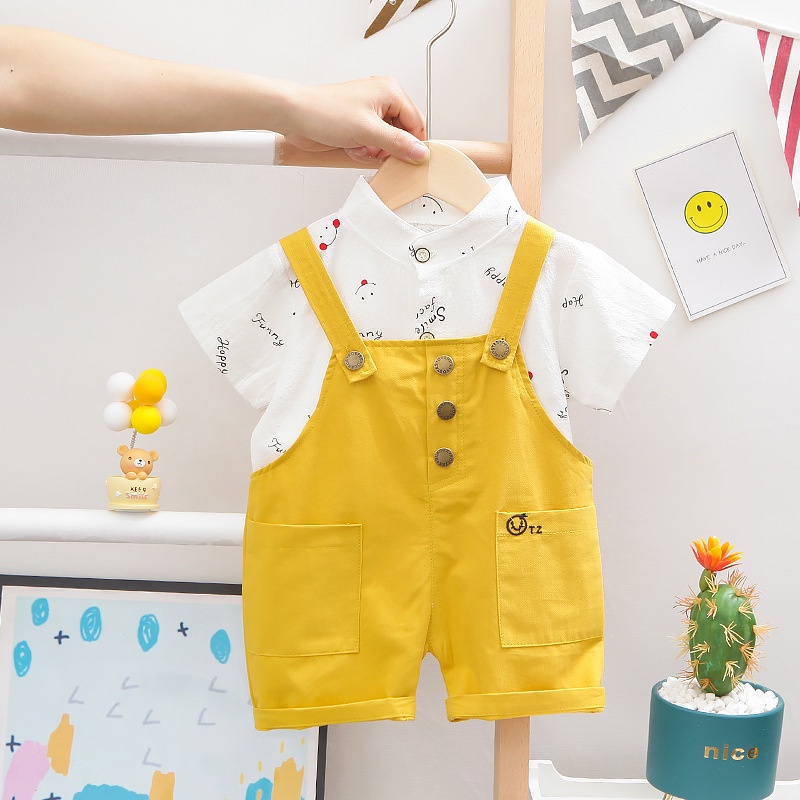 Bộ 2 món áo thun tay ngắn in họa tiết mặt cười + quần yếm phong cách Hàn Quốc thời trang cho bé
