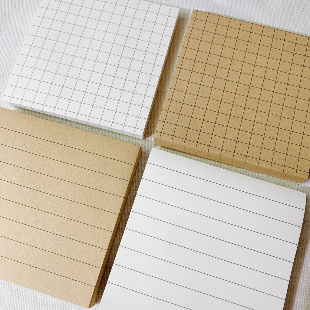 Set 80 sticky note basic giấy kraft nâu - trắng in grid kẻ ô vuông / kẻ ngang