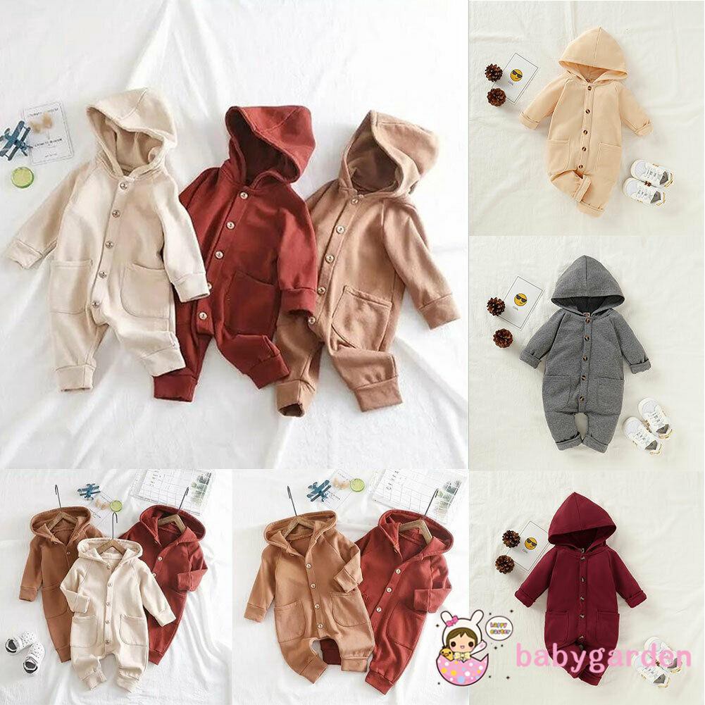 Bộ áo liền quần có mũ dài tay màu trơn đáng yêu cho bé