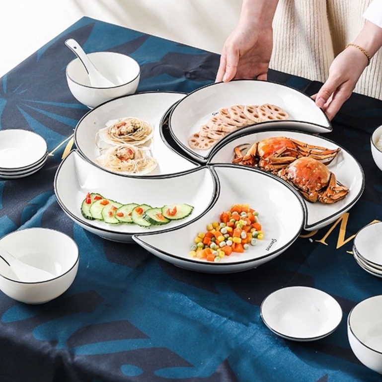 [Sẵn + Ảnh thật] SET 5 đĩa sứ hình bán nguyệt cao cấp, Bộ đĩa xếp cánh hoa, decor sang trọng #diasu