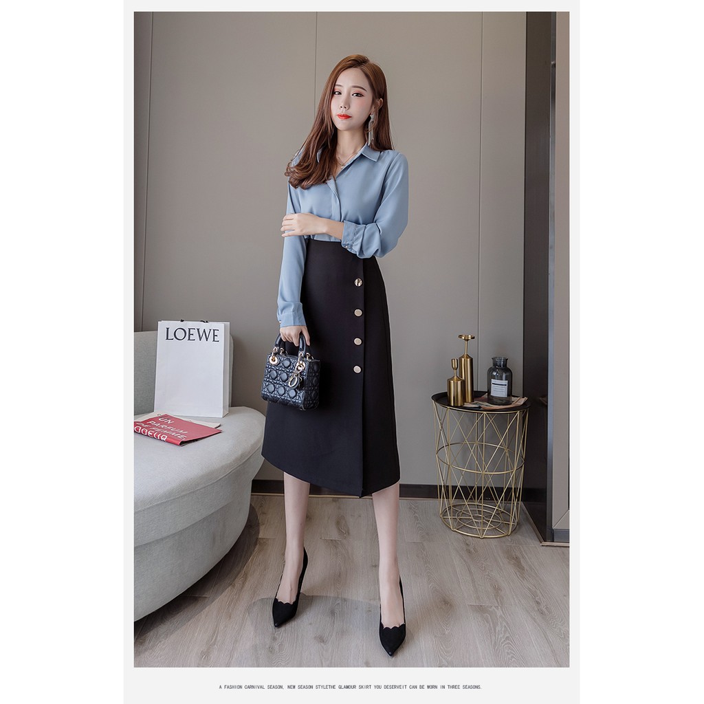 Chân váy công sở nữ dáng dài đính khuy điều chình theo thông số người mặc che khuyết điểm tôn dáng chân dài đi làm