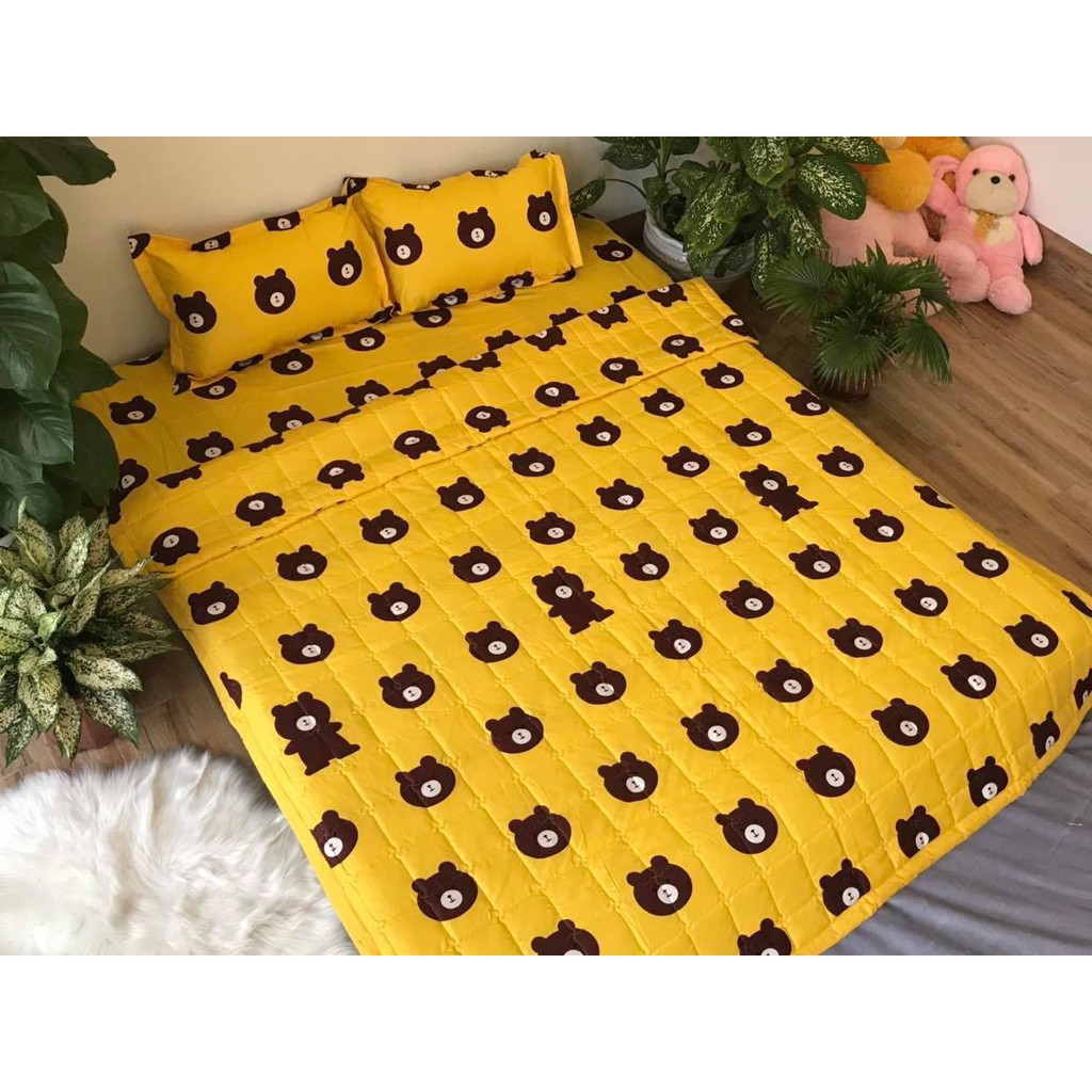 Bộ ga chun và 2 áo gối nằm Emmidecor - mẫu Gấu vàng, drap cotton poly