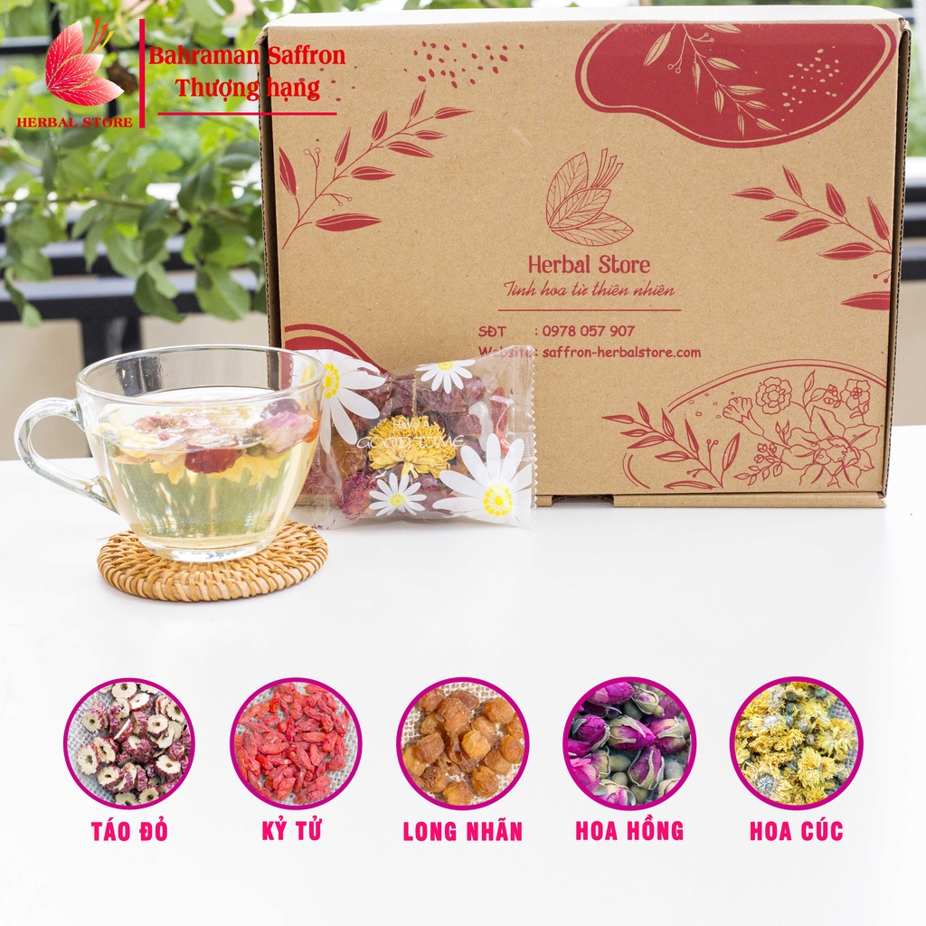 Trà dưỡng nhan ngũ vị tâm an gồm trà hoa cúc, long nhãn, táo đỏ, kỷ tử, hoa hồng, gói đầy đặn 10-13gr