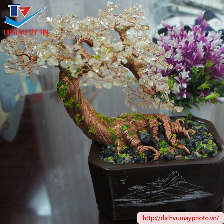 Cây cảnh mini để bàn bonsai thân dây đồng hoa lá thạch anh đá nhân tạo đa pha lê