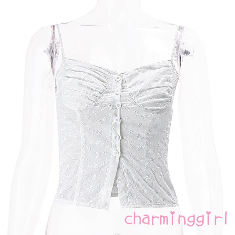 Áo Tank Top Hai Dây Mỏng Cài Nút Họa Tiết Hoa Xinh Xắn Cho Nữ