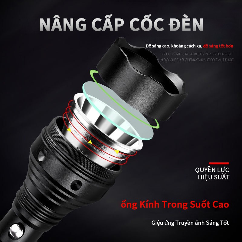 Đèn pin LED siêu sáng CREE 10000 lumen có thể sạc lại chống nước IPX5 với 5 chế độ cao/trung bình/thấp/nhấp nháy/SOS