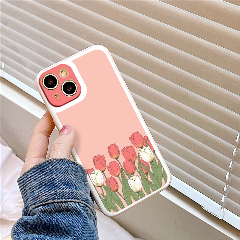 Ốp iphone - Ốp lưng iphone cạnh vuông Hoa tulip hồng dành cho ip 6 đến 14promax - ng048