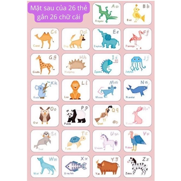 Bảng chữ cái cho bé kèm số bộ 26 chữ cái và 10 số bằng gỗ gắn nổi lên thẻ 3d có in hình con vật có hình dạng tương tự