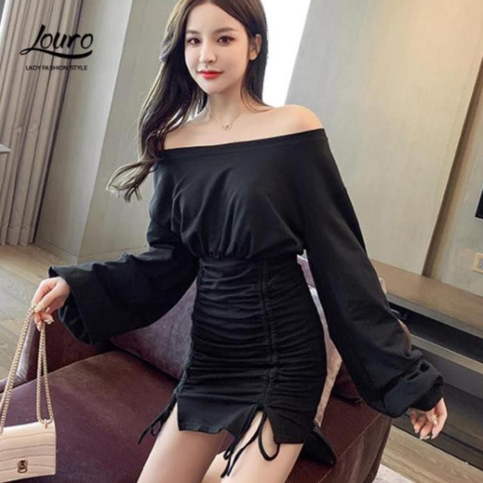 Váy đầm len tăm body rút dây💟FREESHIP💟mẫu váy đầm body dài tay lệch vai dây rút tôn dáng cực xinh-L027  ྇  ྇  ྇