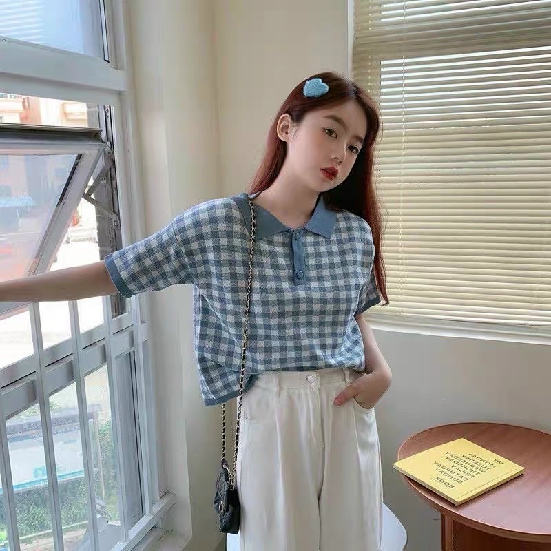 Áo len nữ cổ đức nhiều màu vintage kẻ ô cực xinh