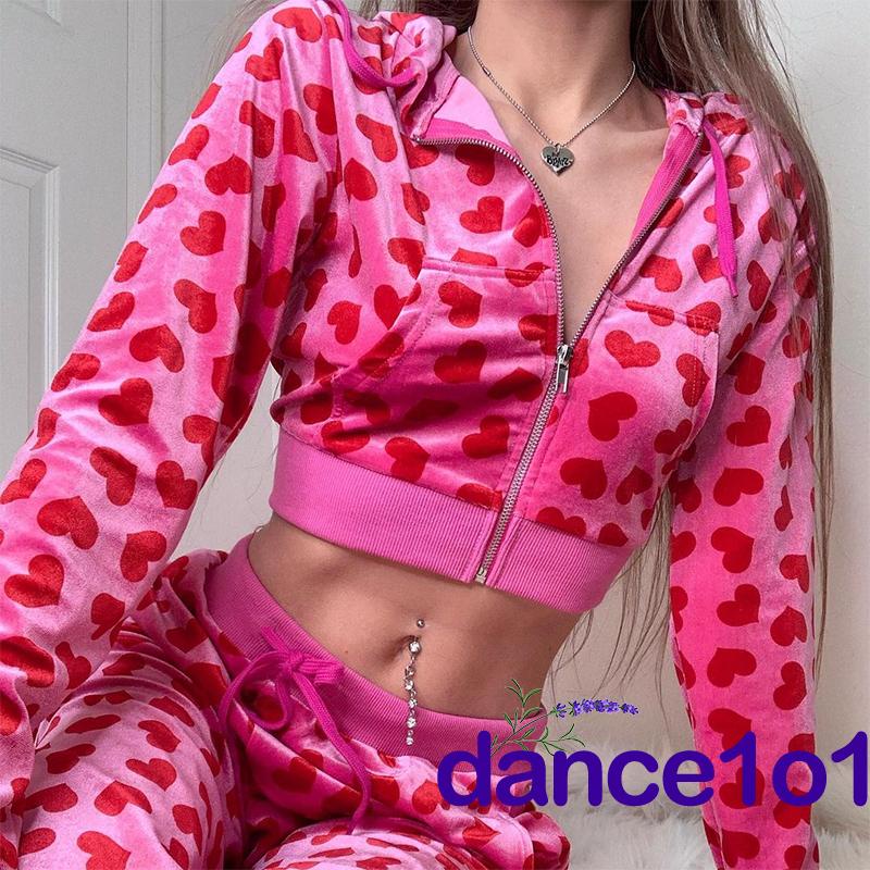 Set Áo Khoác Tay Dài/Quần Dài In Họa Tiết Trái Tim Thời Trang Cao Cấp Cho Nữ