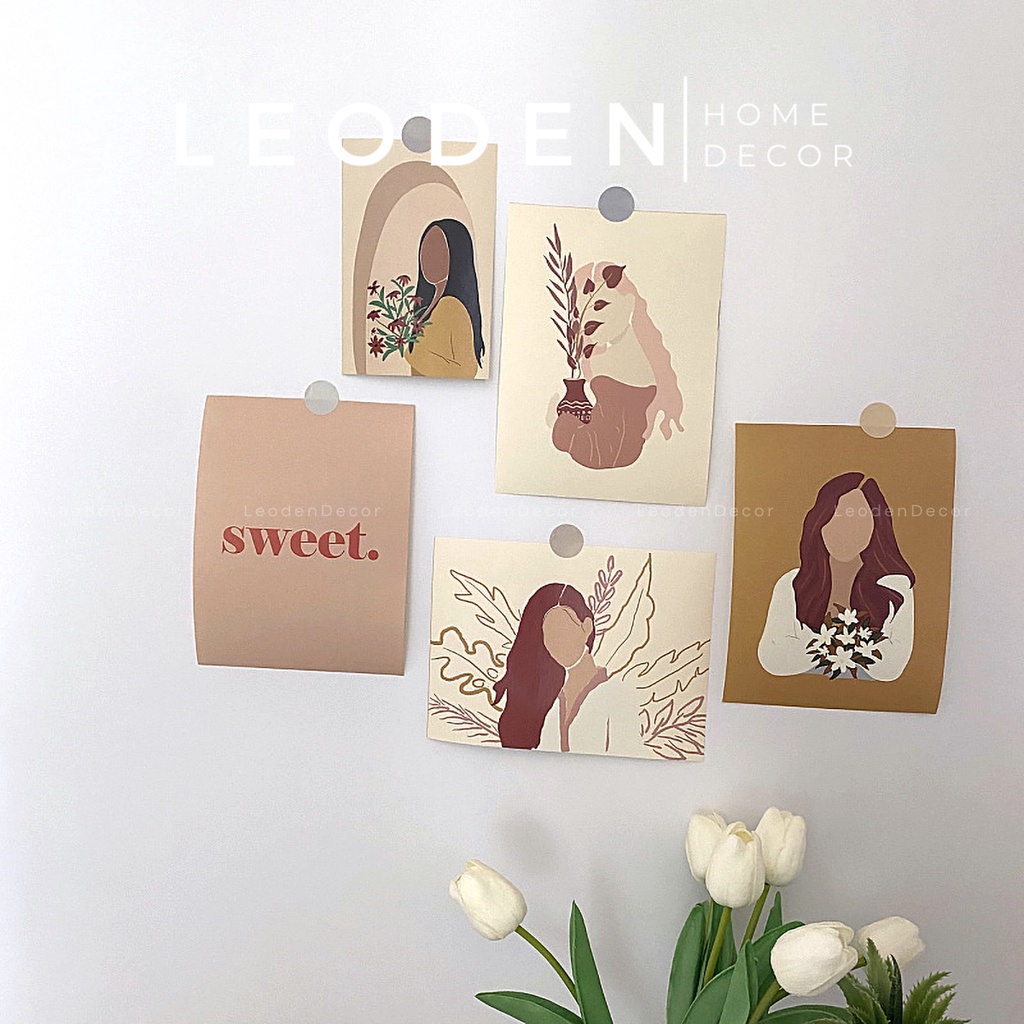 Postcard giấy dán tường trang trí phòng ngủ phong cách decor tối giản, set hình dán tường Hàn