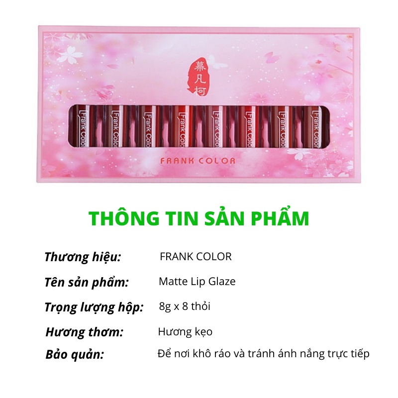 Set 8 son kem lì dưỡng môi không trôi Frink Color 8 màu - Diki