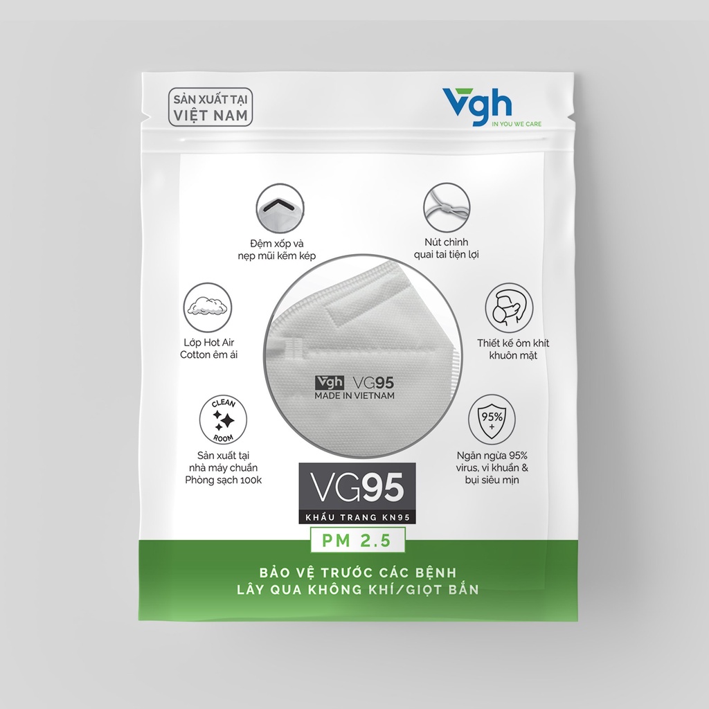Hộp khẩu trang VG95 thiết kế 3D tiêu chuẩn KN95 kháng khuẩn, nút chỉnh quai tai -Chính hãng VG Healthcare - Hộp 30 chiếc