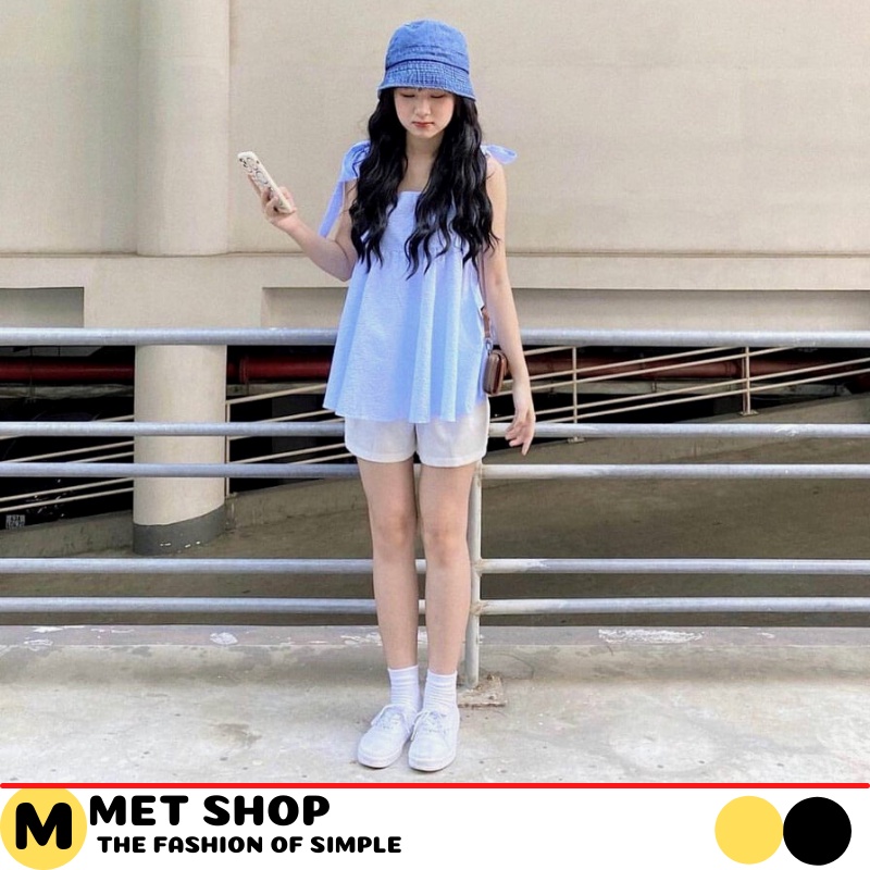 Set bộ nữ style Hàn Quốc set áo babydoll hai dây thắt nơ kẻ xanh và quần short trắng mùa hè. MET SHOP