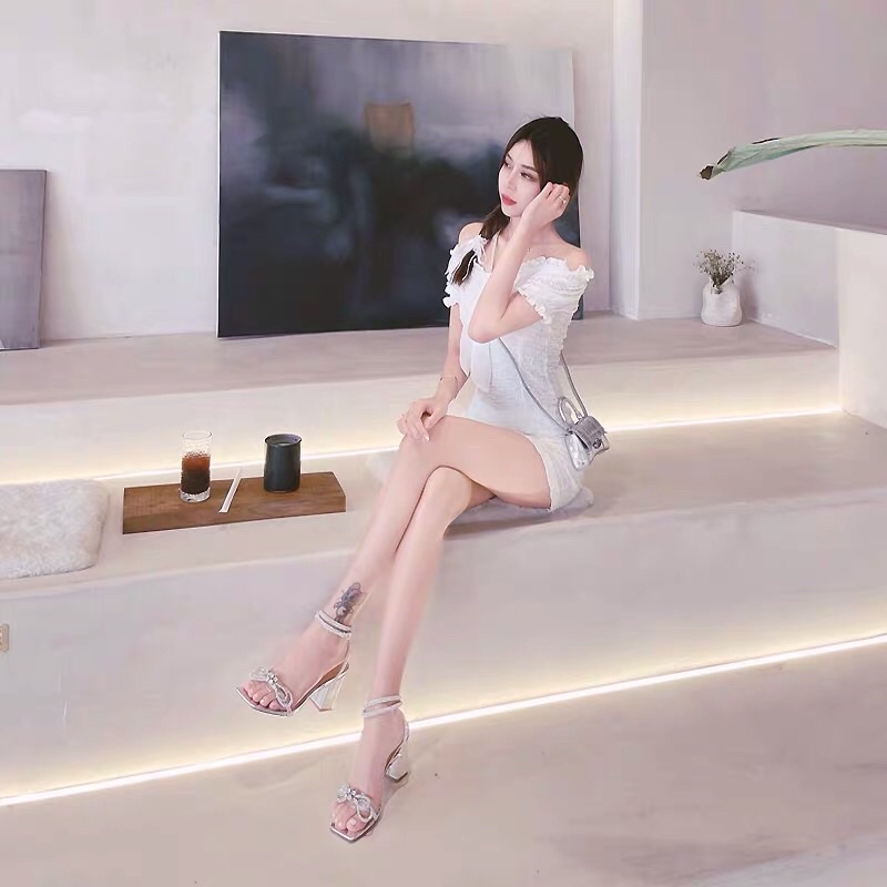 Sandal cao gót dây nơ quấn cổ chân QCCC Full box RH-816-1