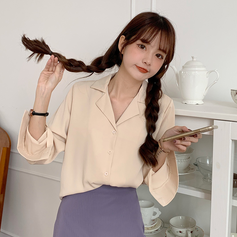 SUXI Áo Sơ Mi Tay Dài Màu Trơn Cổ Bẻ Thời Trang Mùa Thu Cho Nữ