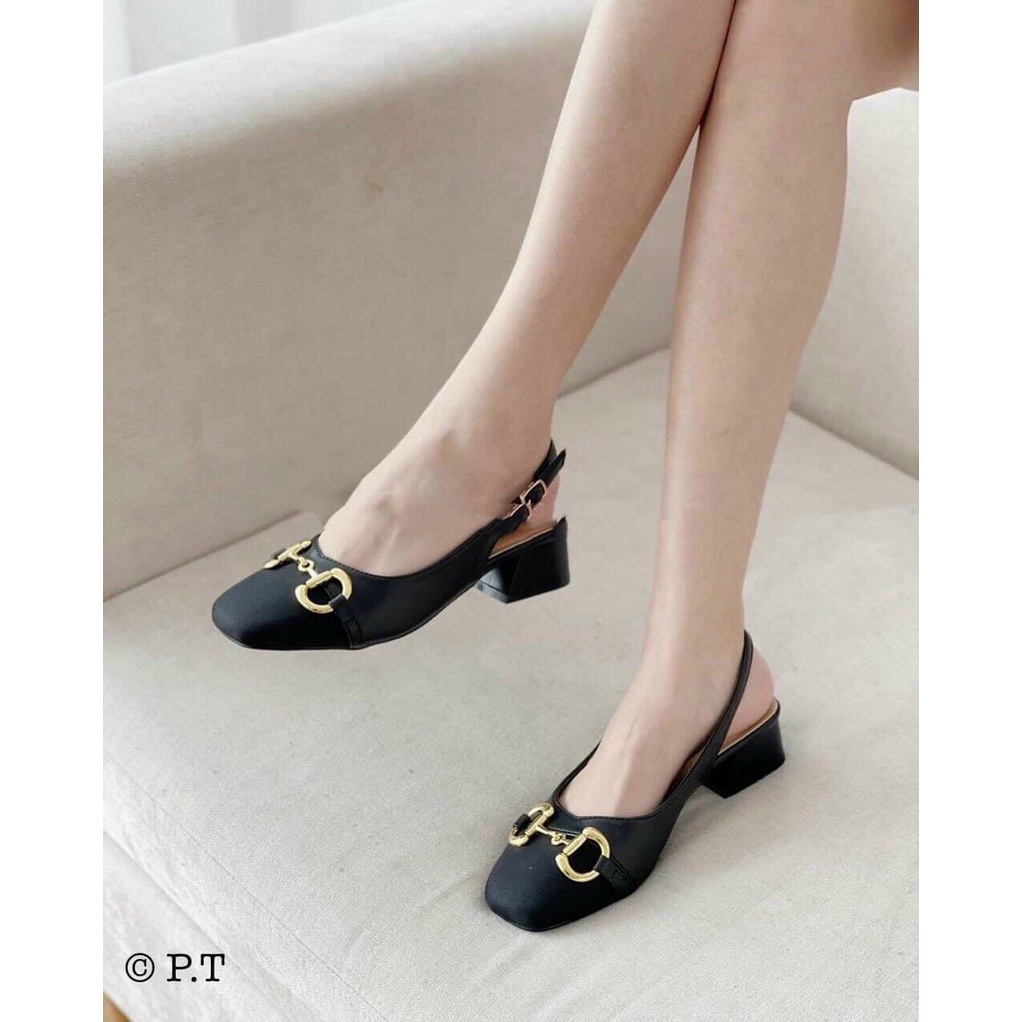Sandal cao gót nữ gót vuông 3p phối khuy sang chảnh