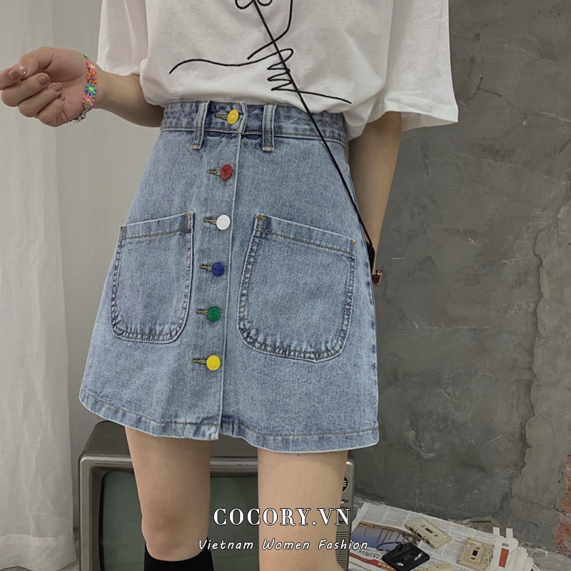 Cocory vn Chân Chân Váy Denim Lưng Cao Dáng Chữ A Phối Nút Nhiều Màu Xinh Xắn