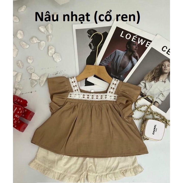 Bộ bé gái chất đũi cổ ren vuông trắng tay cánh tiên XHN921