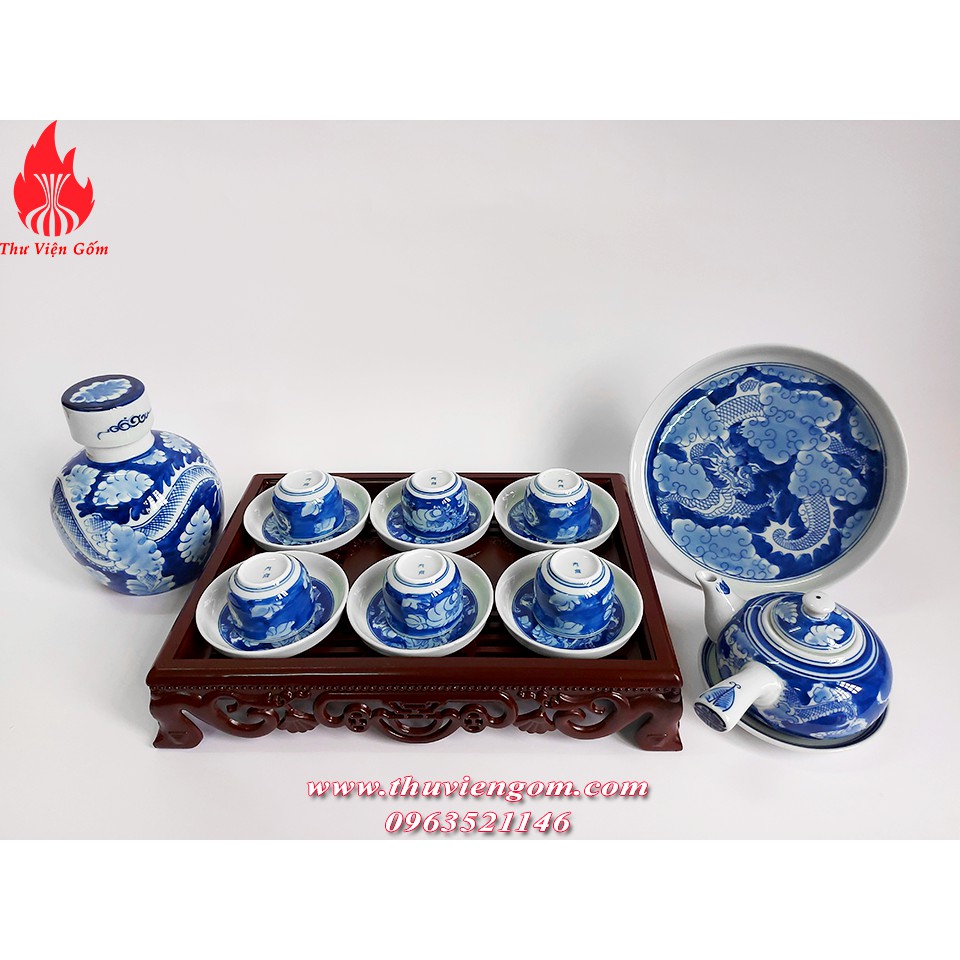Bộ ấm chén Bát Tràng men lam vẽ long ẩn