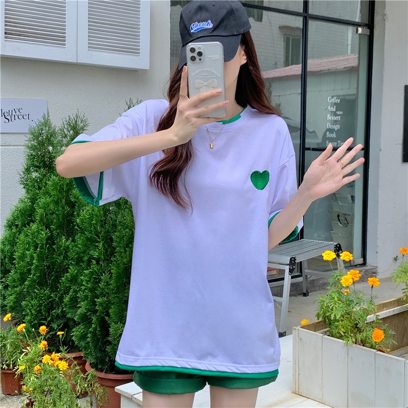 SUXI Summer Embroidery Simple Stitching All-match Street Style Round Neck Loose Casual Short Sleeve T-shirt Women