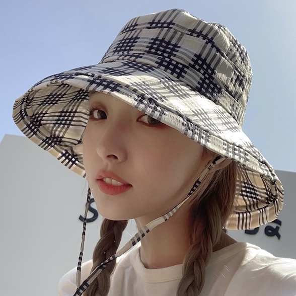 Nón Bucket Rộng Vành Họa Tiết Sọc Caro Phong Cách Nhật Bản Thời Trang Mùa Hè Cho Nữ