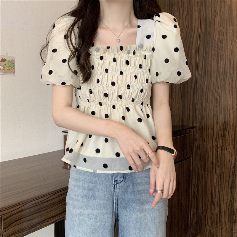 Áo Ngắn Tay Phồng Cổ Vuông Họa Tiết Chấm Bi Thời Trang Cho Nữ