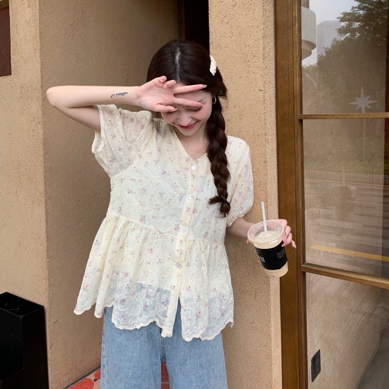 Áo hoa nhí tím vintage Quảng Châu cực xinhZb