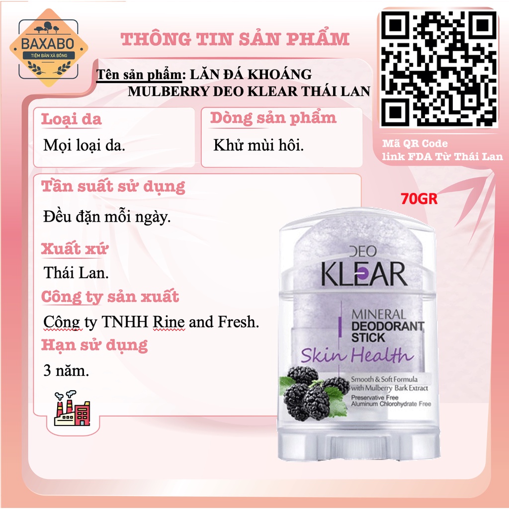 LĂN ĐÁ KHOÁNG DEO KLEAR MINERAL DEODORANT STICK THÁI LAN - HÀNG CHÍNH HÃNG - ĐỦ MÙI