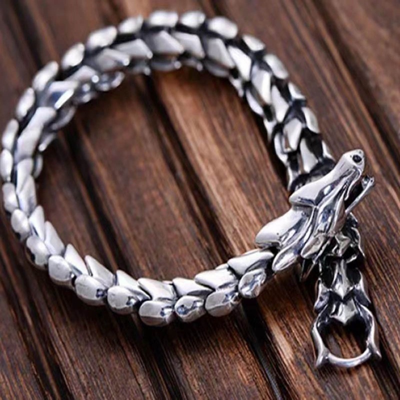 Vòng Tay Mạ Bạc 925 23CM Họa Tiết Vảy Rồng Cá Tính Cho Nam