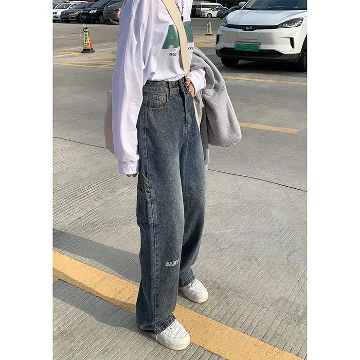 ❁☫Quần Jean Nữ Ống Rộng Lưng Cao Thêu Chữ Phong Cách Thu Đông Mới