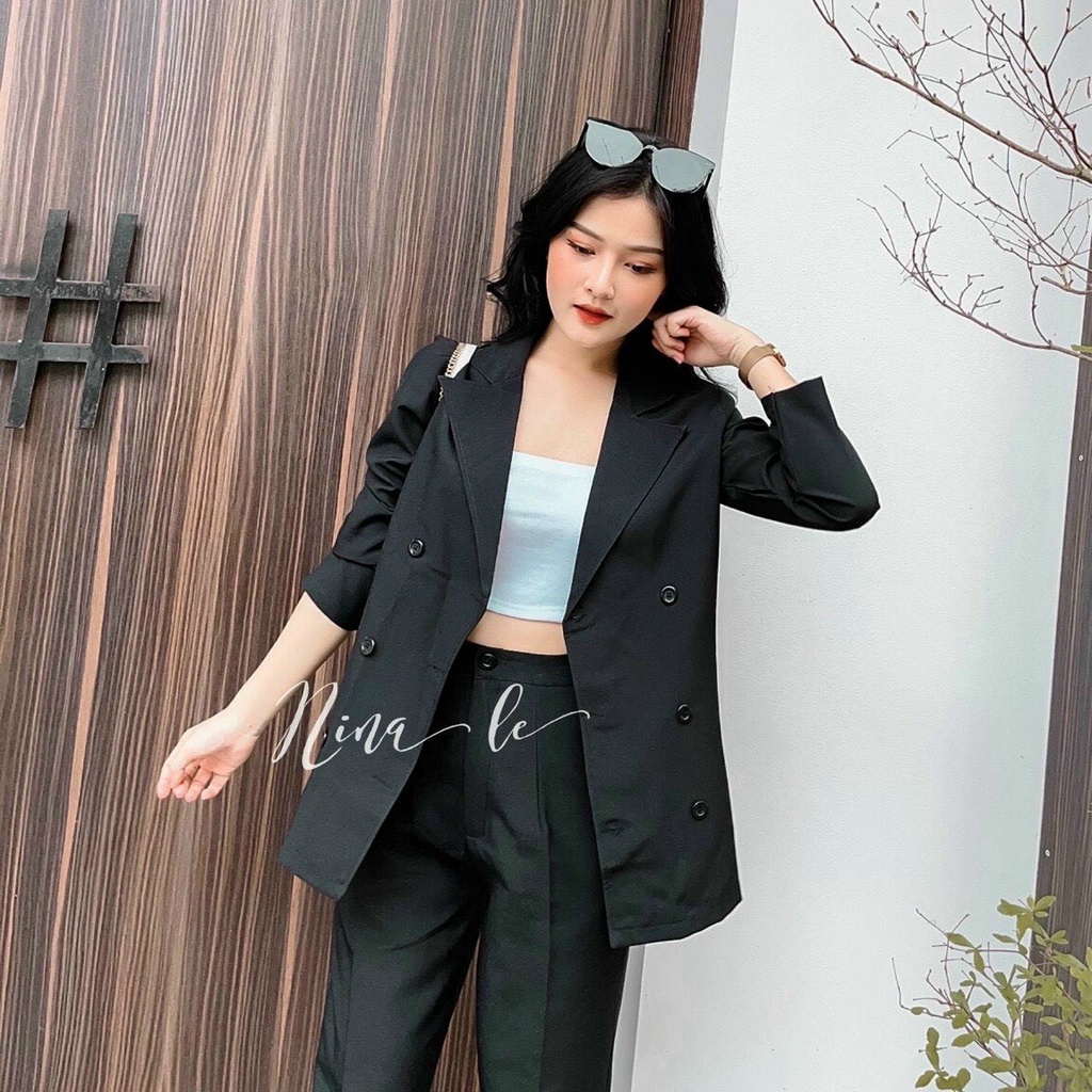 Sét bộ áo vét ống tay dài phối quần dài siêu thanh phong cách thời trang 2 màu nure và đen mặc cực kì tôn dáng
