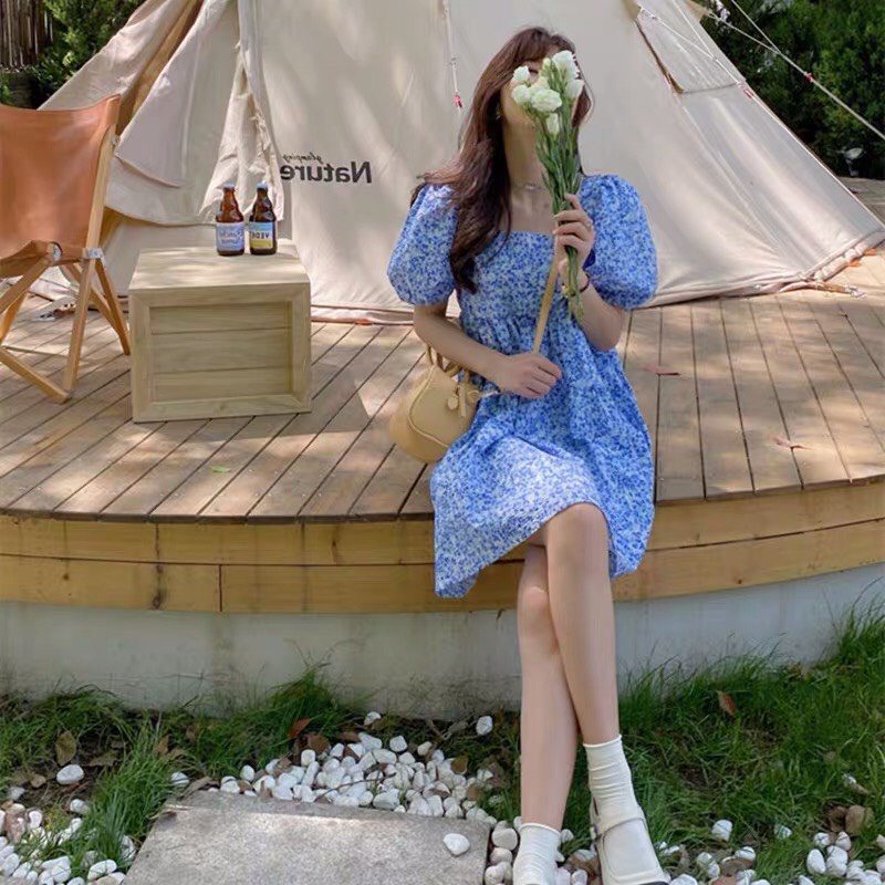 Váy hoa nhí badydoll vintage cộc tay Gorogi, đầm cổ vuông tay phồng ulzzang ngắn đi biển có bigsize