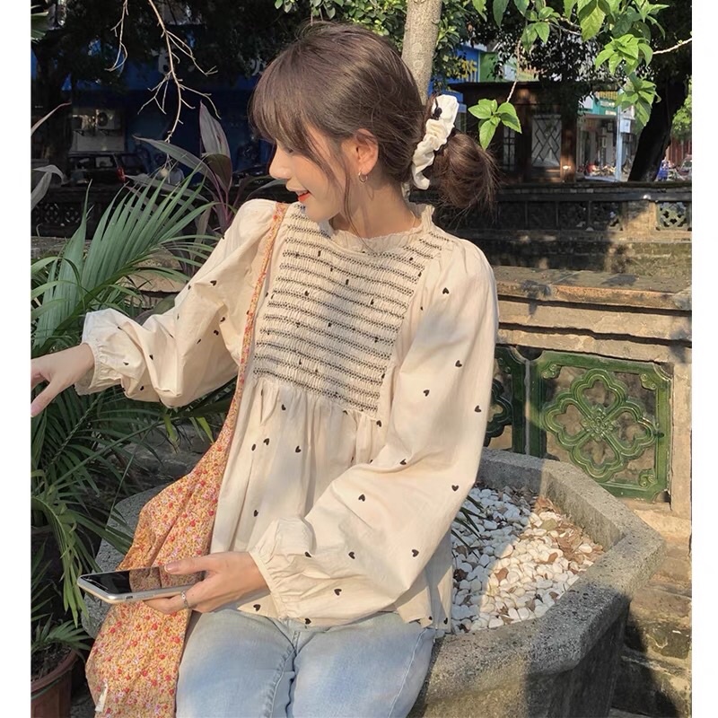 Áo babydoll dáng xòe tay phồng dài họa tiết trái tim màu kem có size dài tay hot girl hàng QC